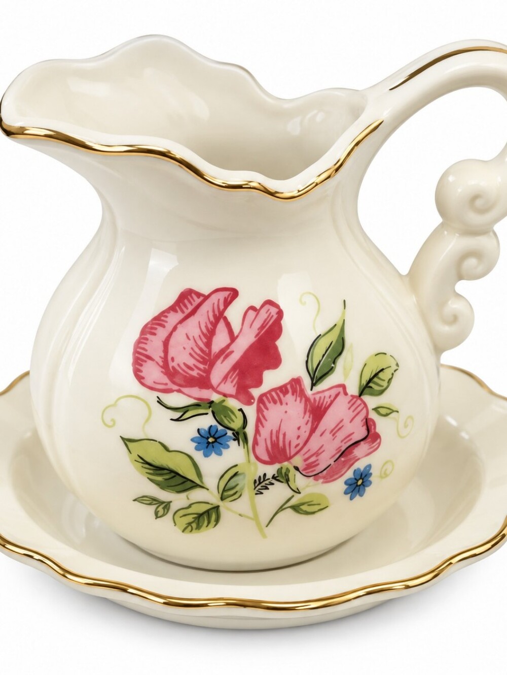 ENESCO | April Sweet Pea Harmonious Floral Pitcher Saucer Gold Trim